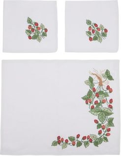 Strawberry-embroidered Placemats & Napkins Set - Red Multi