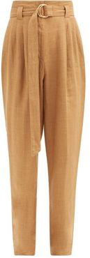 Paperbag-waist Pleated Linen-blend Trousers - Womens - Brown