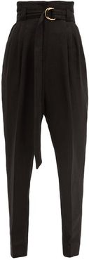 Paperbag-waist Linen-blend Trousers - Womens - Black