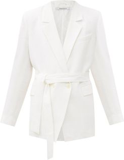 Double-breasted Belted Organic-linen Jacket - Womens - White