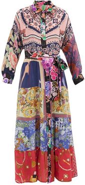 Vintage Patchwork Silk Maxi Shirt Dress - Womens - Multi