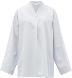 High V-neck Cotton And Silk-blend Smock Blouse - Womens - Blue