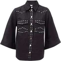 Flared-sleeve Studded Linen Shirt - Womens - Black