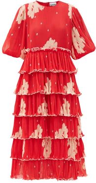Tiered Floral-print Pleated-georgette Midi Dress - Womens - Red