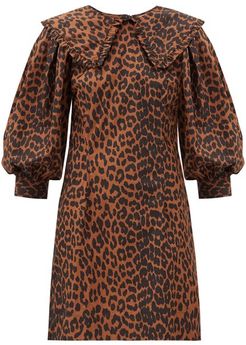 Ruffled-collar Leopard-print Cotton-poplin Dress - Womens - Brown