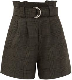 Prince Of Wales-check Belted Shorts - Womens - Dark Grey