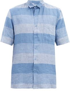Short-sleeved Checked Linen Shirt - Mens - Blue Multi