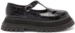 Aldwych Crocodile-effect Leather T-bar Flats - Womens - Black