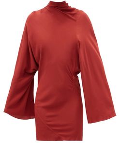 Ruched High-neck Crepe Mini Dress - Womens - Red