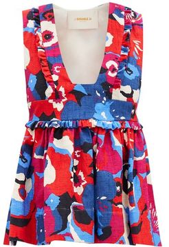 Casati Fluted Floral-print Shot-cotton Top - Womens - Red Multi