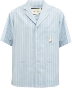 Cat-embroidered Striped Cotton-poplin Shirt - Mens - Blue