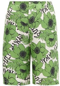 Poppy-print Silk Shorts - Mens - Green Multi