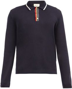 Web-stripe Long-sleeved Cotton-jersey Polo Shirt - Mens - Navy