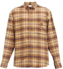 Leather-appliqué Checked Cotton-flannel Shirt - Mens - Brown