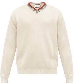 Web-stripe V-neck Cotton Sweater - Mens - White