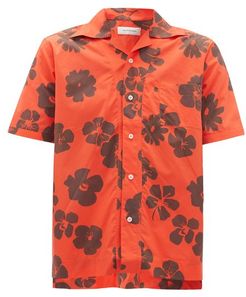 Hibiscus-print Cuban-collar Cotton-poplin Shirt - Mens - Red Multi