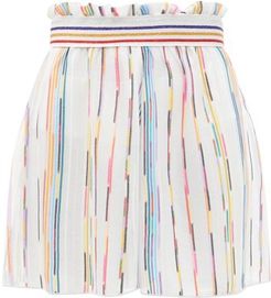 Paperbag-waist Striped Mesh Shorts - Womens - White Multi