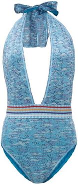 Halterneck Lamé Swimsuit - Womens - Blue Multi