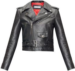 Grained-leather Cropped Biker Jacket - Womens - Black