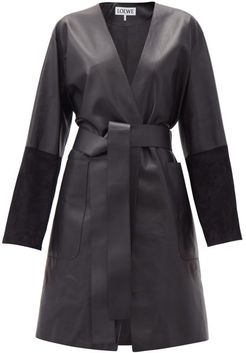 Suede-panelled Leather Wrap Coat - Womens - Black