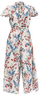 Ellamay Belted Bird Blossom-print Silk Jumpsuit - Womens - White Print
