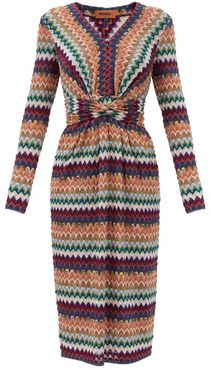 Glitter-chevron Twisted-waist Wool-blend Dress - Womens - Burgundy Multi