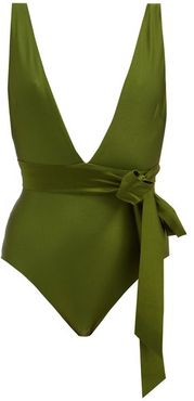 Empire Plunge-neck Bow-waist Swimsuit - Womens - Dark Green