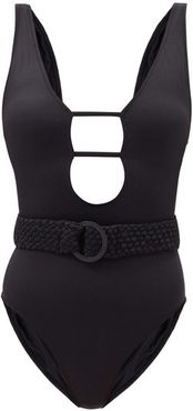 The Beatrice Plunge-neckline Belted Swimsuit - Womens - Black