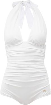 Halterneck Ruched Swimsuit - Womens - White