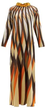 Embellished-collar Jacquard-stripe Lurex Dress - Womens - Brown Multi