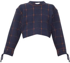 Windowpane-check Wool-blend Cropped Sweater - Womens - Navy