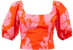 Papaya Hibiscus-print Cotton-blend Poplin Top - Womens - Red Print