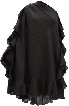 Zahara One-shoulder Ruffled Linen Mini Dress - Womens - Black