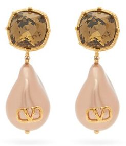 V-logo Faux-pearl & Crystal Drop Earrings - Womens - Pearl