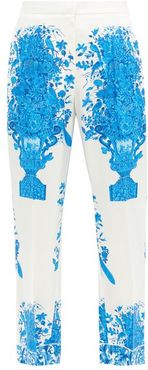 Delft-print Silk-twill Trousers - Womens - Blue White