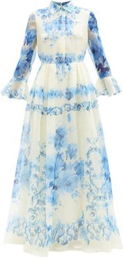 Delft-print Silk-organdy Gown - Womens - Blue White