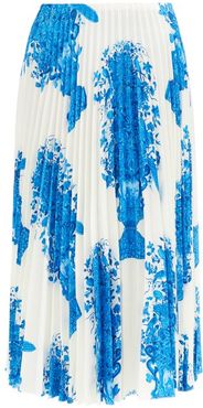 Delft-print Knife-pleated Silk-twill Midi Skirt - Womens - Blue White