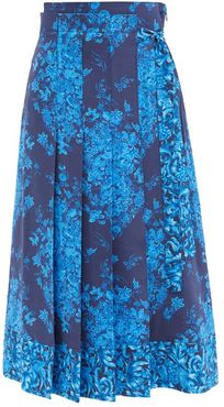 Pleated Delft-print Silk-crepe Midi Skirt - Womens - Navy