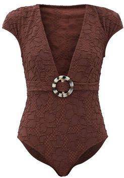Esterika Cap-sleeve Floral-cloqué Swimsuit - Womens - Dark Brown