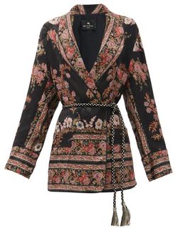 Fleuve Belted Floral-jacquard Satin Jacket - Womens - Black Multi