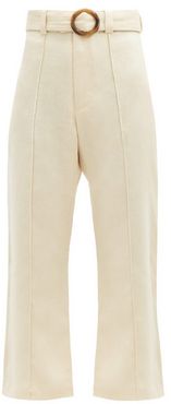 Belted Linen Cropped Straight-leg Trousers - Womens - Cream