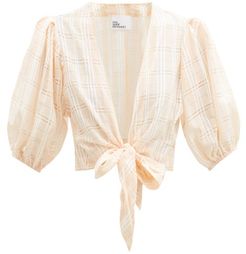 Tie-front Puff-sleeve Check Cotton-blend Blouse - Womens - Orange Stripe