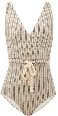 Yasmin Seersucker-stripe Swimsuit - Womens - Beige Stripe