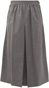 Buttoned Pleated Wool-twill A-line Skirt - Womens - Dark Grey