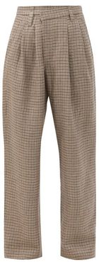 Asymmetric-waist Checked Linen-blend Trousers - Womens - Beige Multi