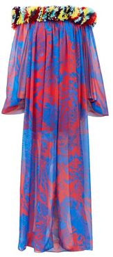 Floral-appliqué Abstract-print Chiffon Dress - Womens - Blue Print