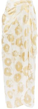 Metallic Floral-print Cotton-voile Skirt - Womens - White Gold