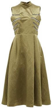 Eyelet-embellished Open-back Satin Midi Dress - Womens - Khaki