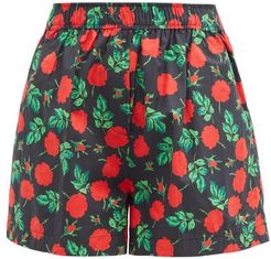 Rose-print Cotton Shorts - Womens - Black Multi