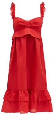 Flounced Linen-blend Midi Dress - Womens - Red